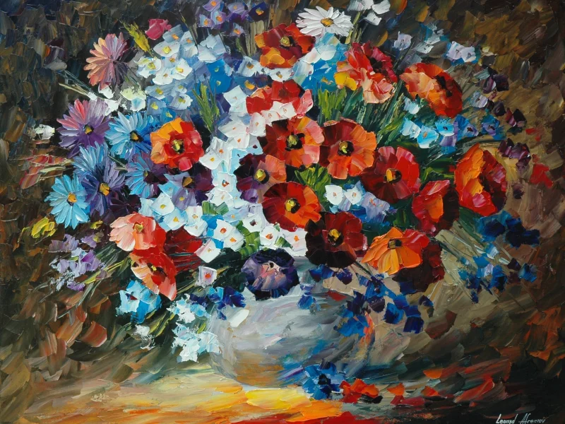 живопись, букет, ваза, картины, leonid afremov, цветы, лепестки