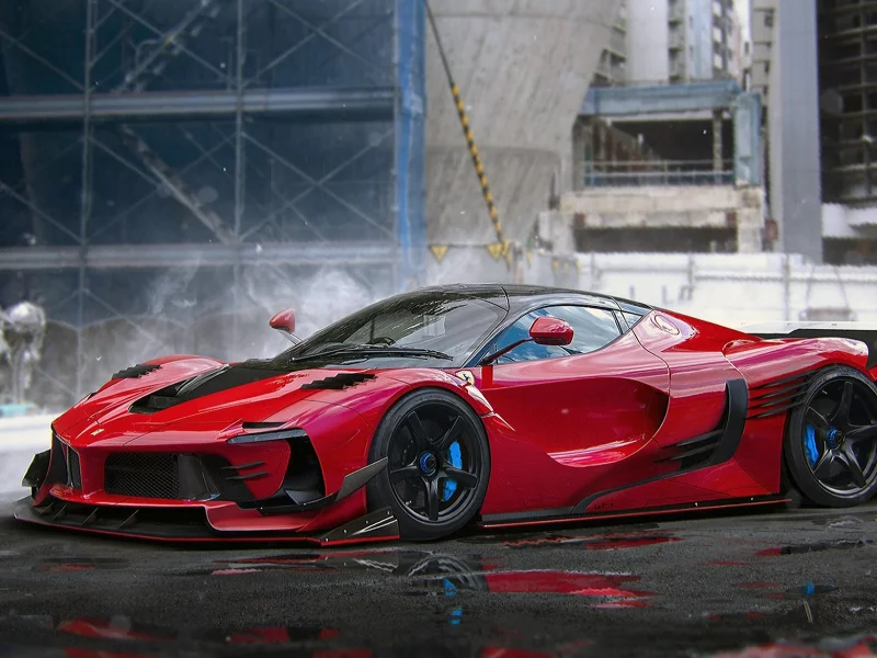Площадка, асфальт, лужи, авто, Ferarri