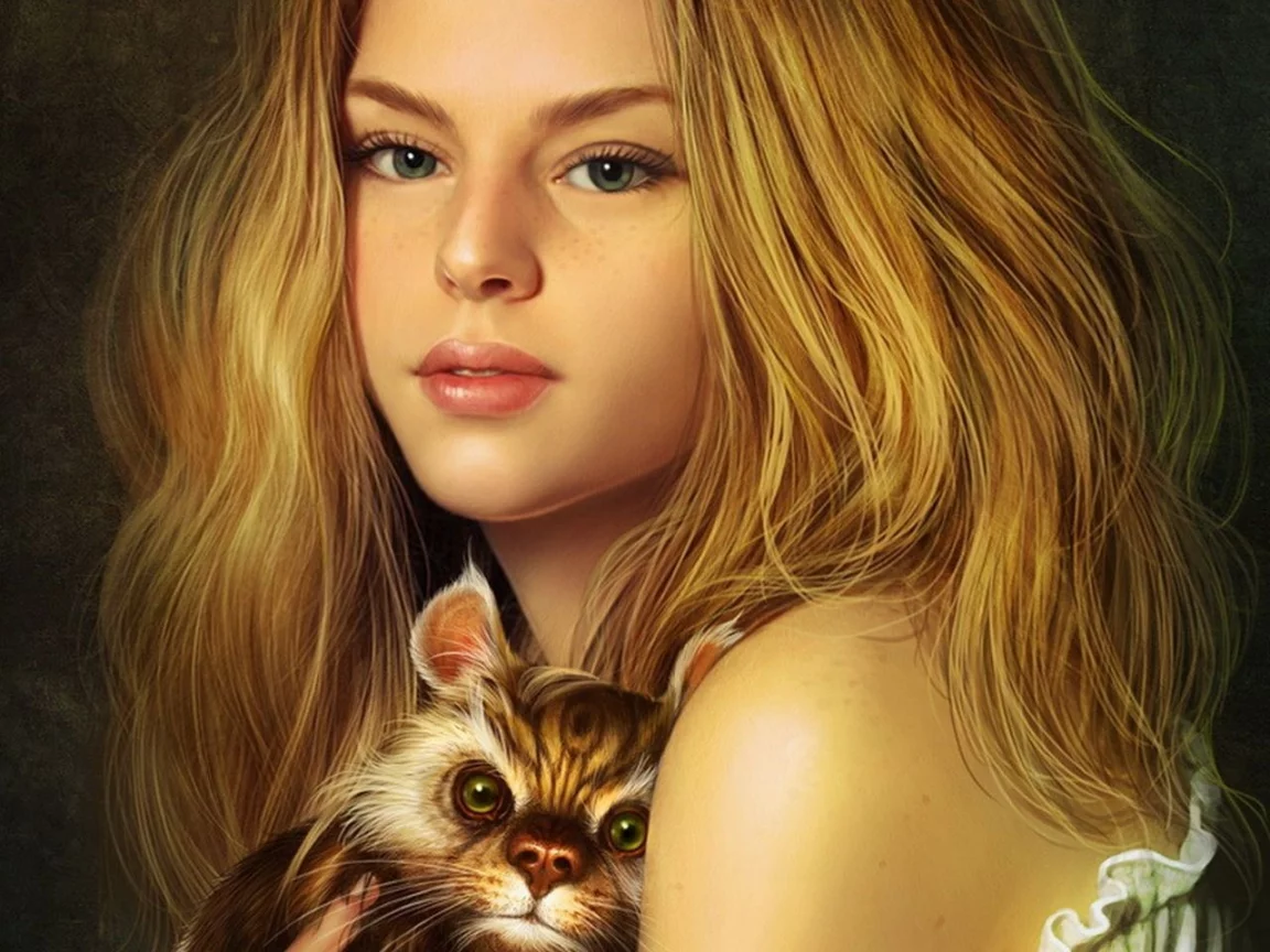 девушка, кот, волосы