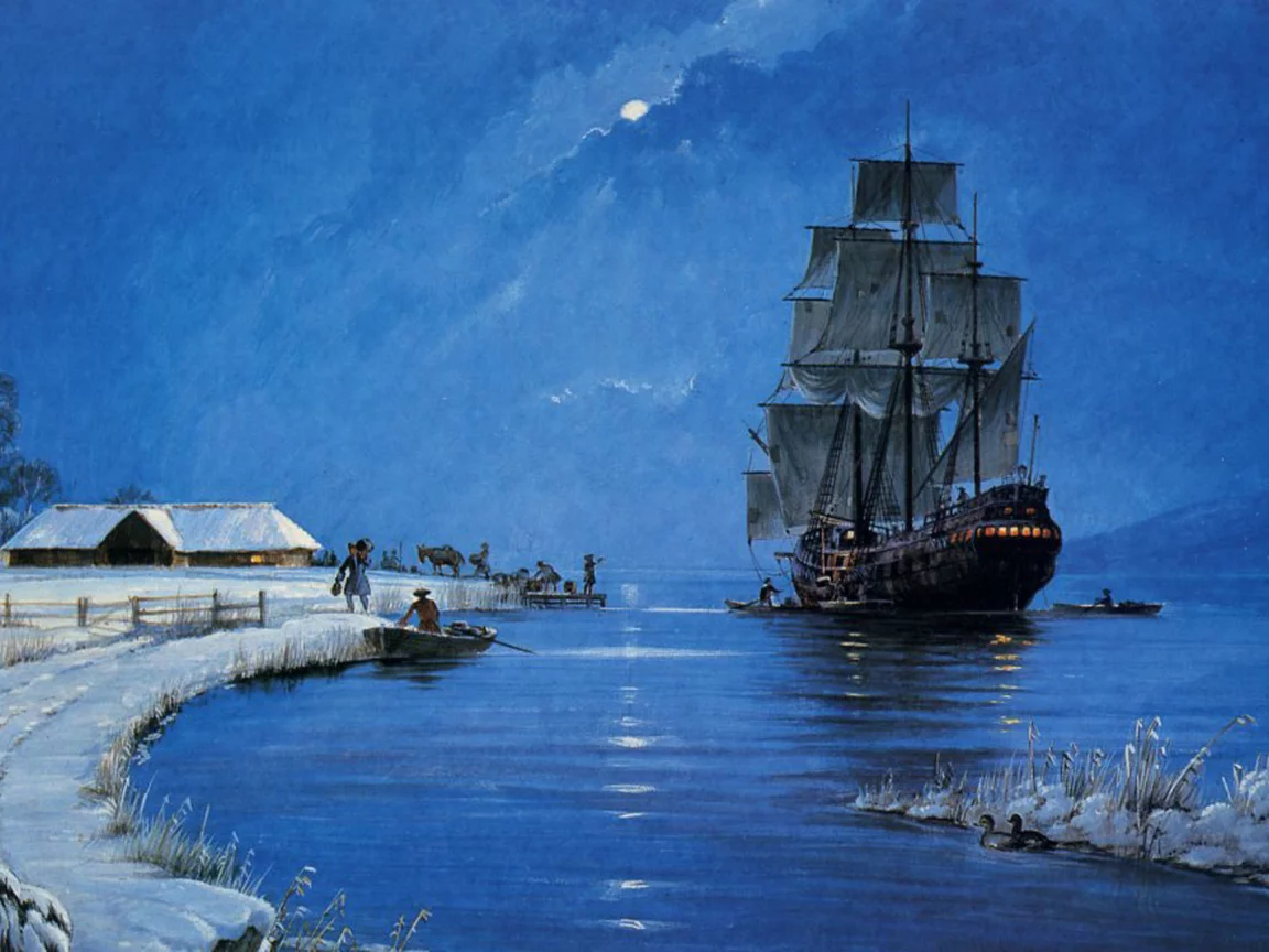 море, корабль, лодка, вечер, зима, парусник, картина