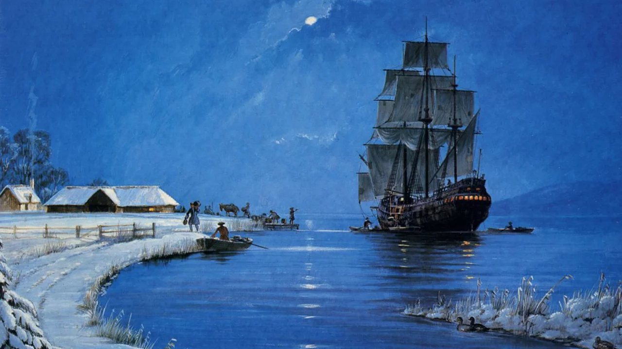 море, корабль, лодка, вечер, зима, парусник, картина