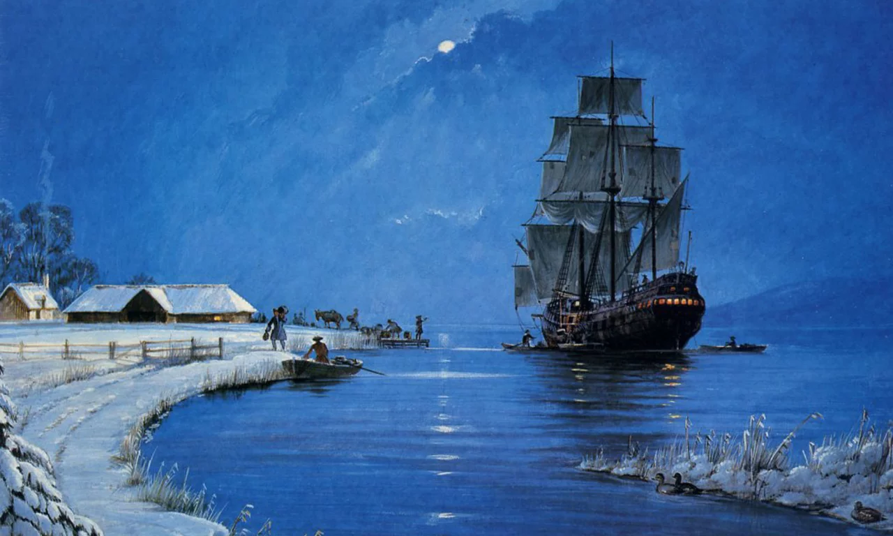 море, корабль, лодка, вечер, зима, парусник, картина