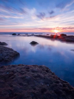 камни, пляж, горизонт, восход, солнце, море