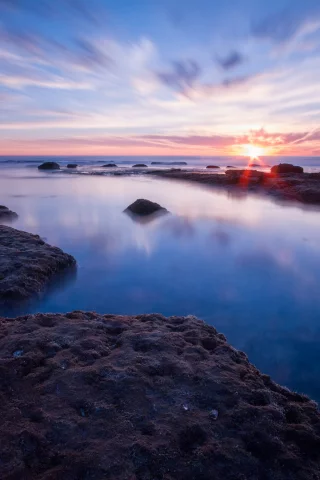 камни, пляж, горизонт, восход, солнце, море
