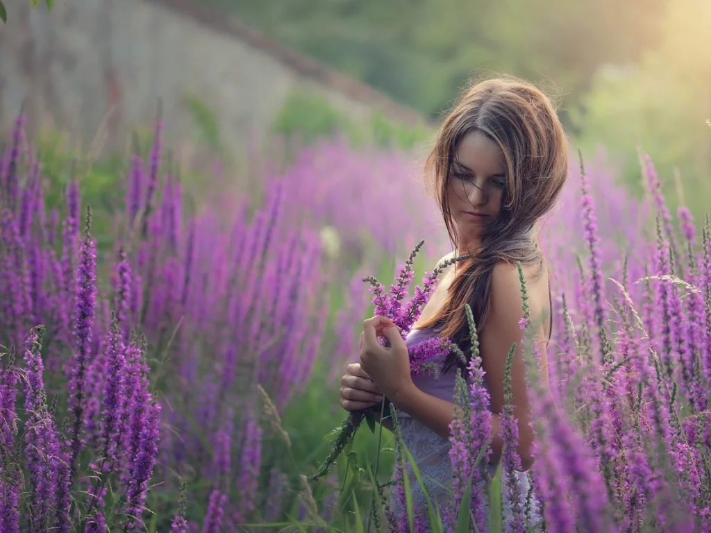 девушка, милая, цветы, природа