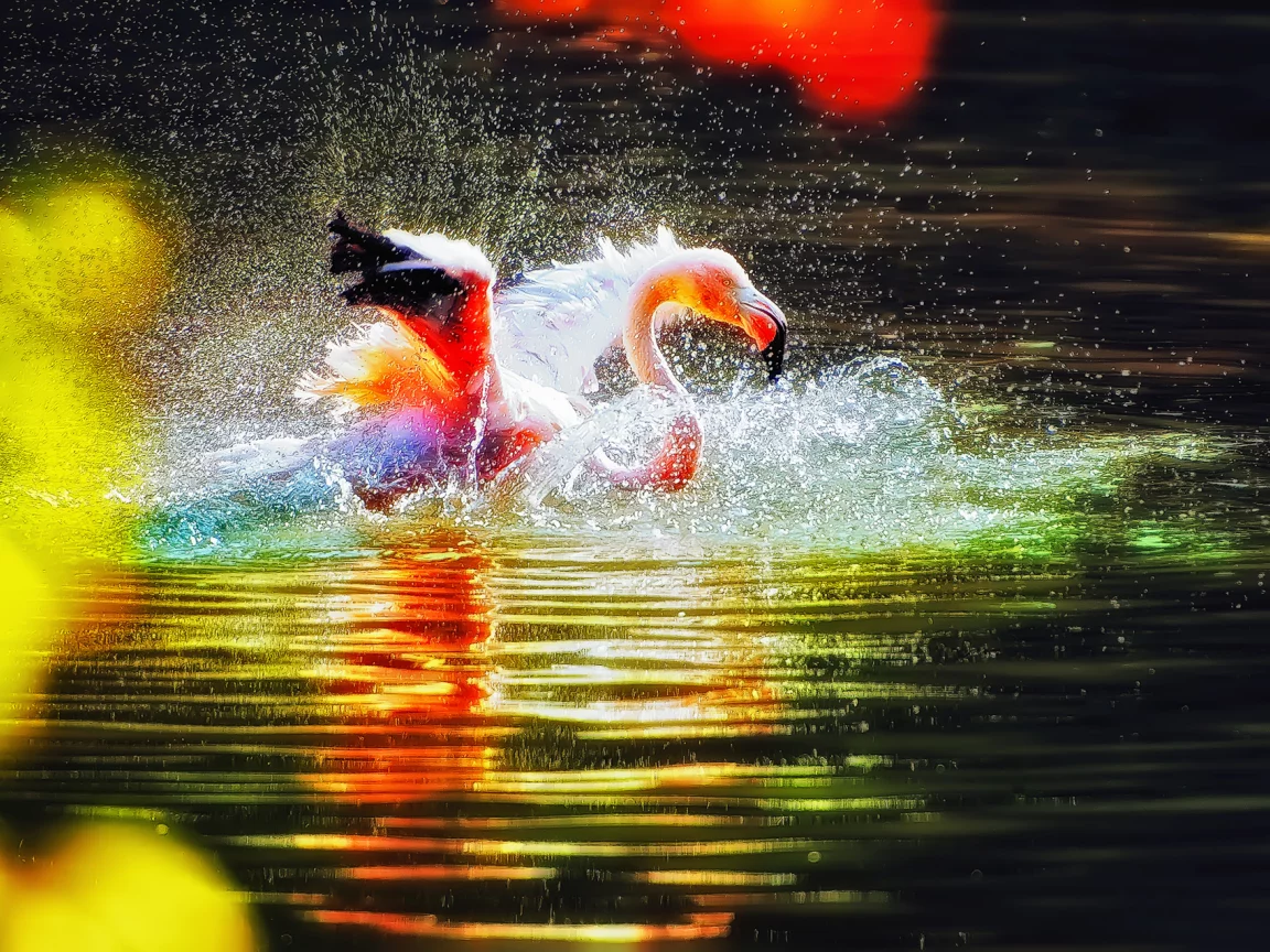вода, птица, розовый, фламинго, рябь, брызги