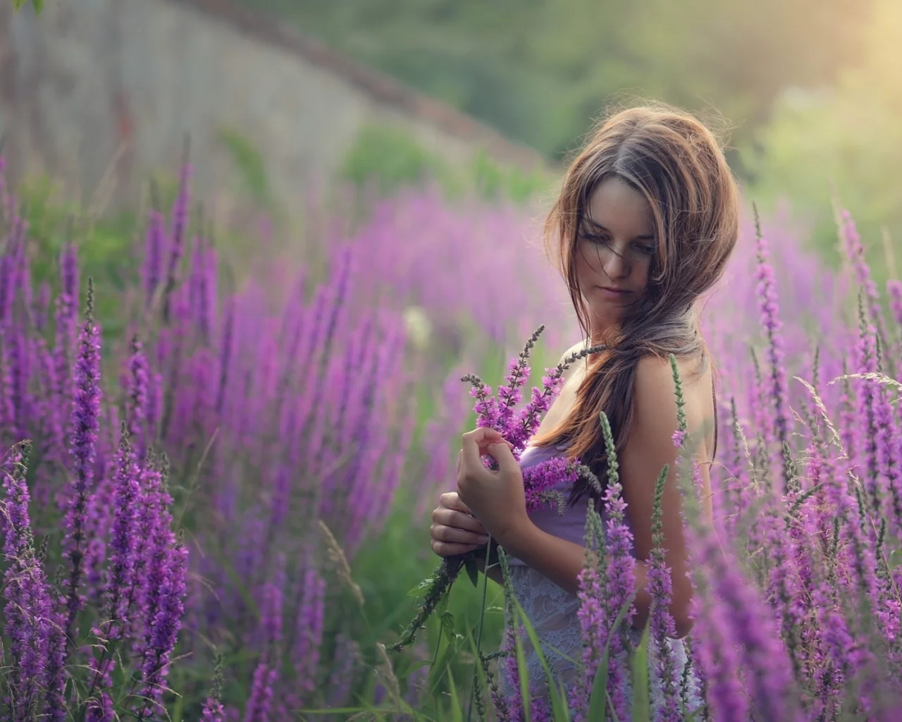 девушка, милая, цветы, природа