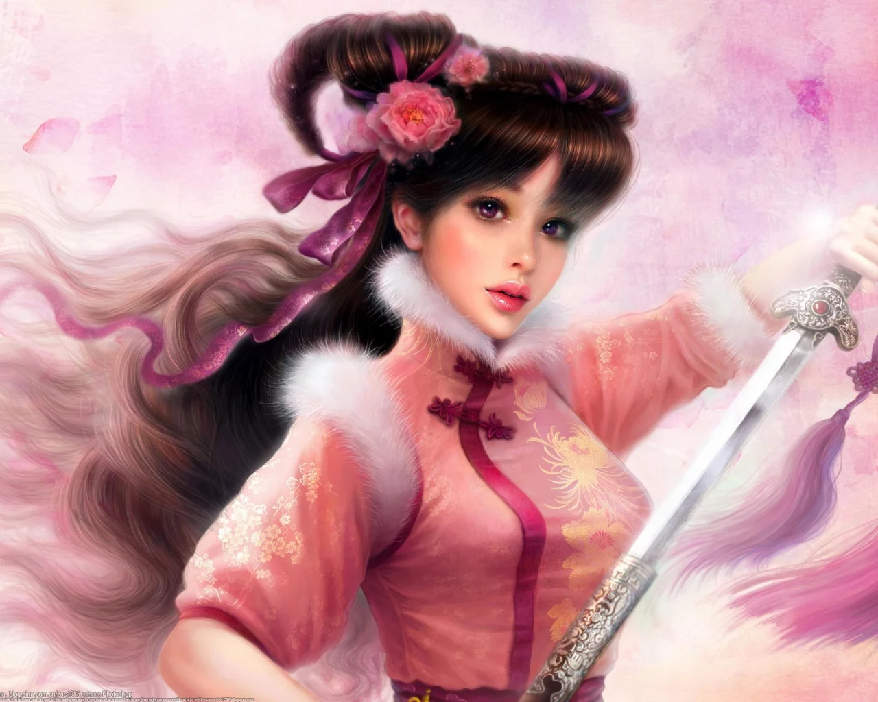 девушка, ruoxing zhang, арт, цветы, мех, кисти, меч