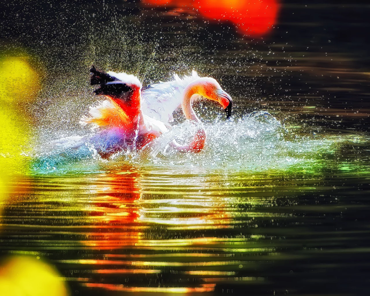 вода, птица, розовый, фламинго, рябь, брызги