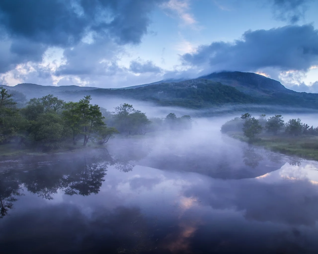 Afon Glaslyn, Wales, England, Река Гласлин, Уэльс, Англия, река, горы, холмы, туман, утро