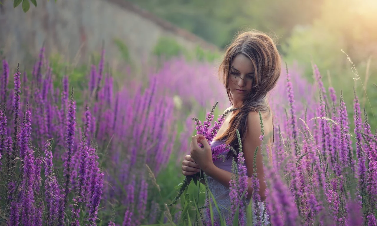 девушка, милая, цветы, природа