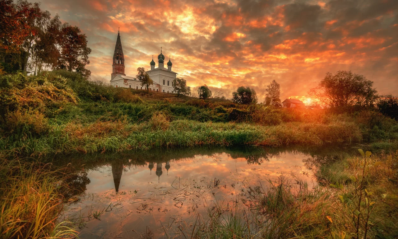 осень, сентябрь, восход, заря, церковь