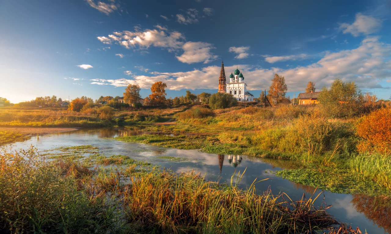 осень, сентябрь, небо, день, село, церковь