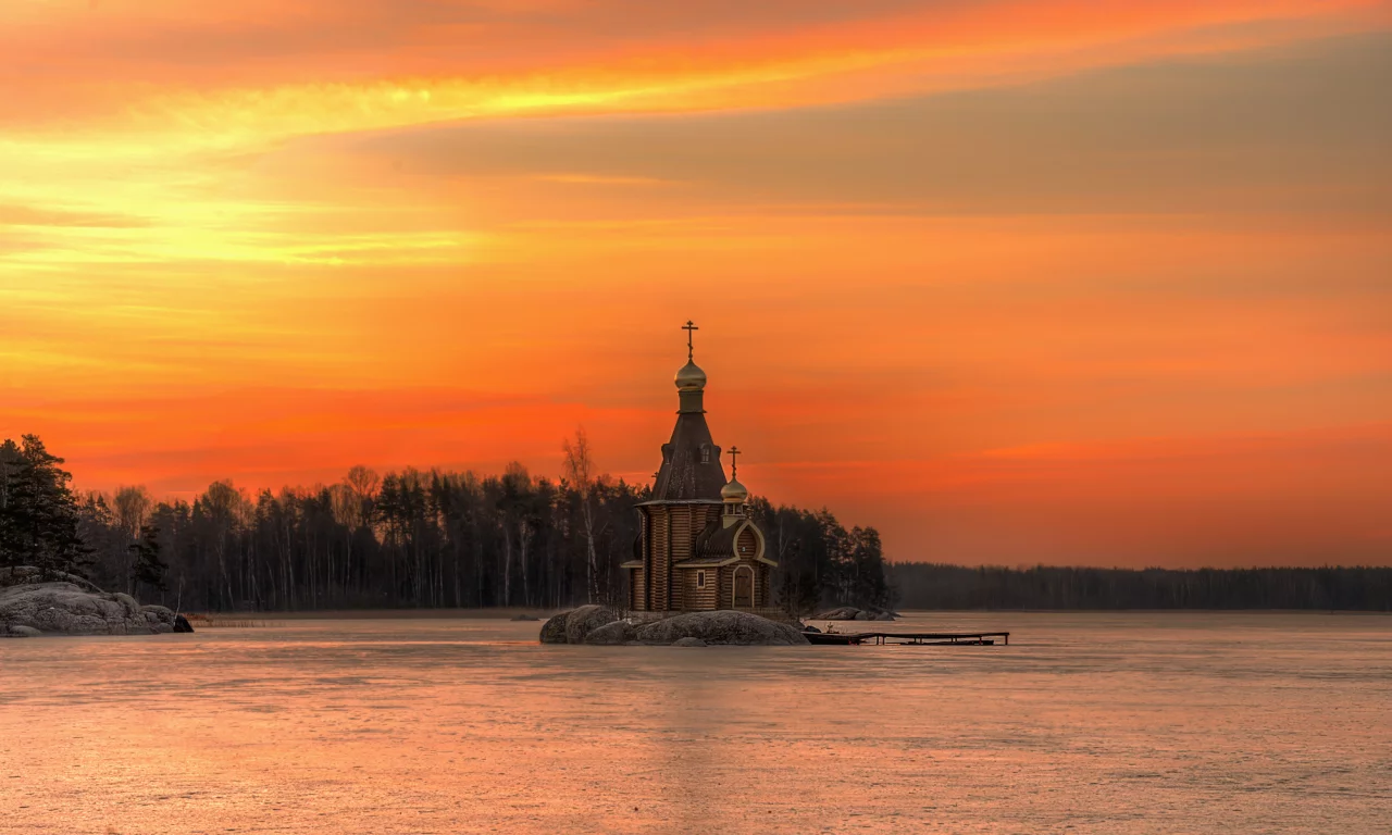 вуокса, храм, март, вечер, заря, закат