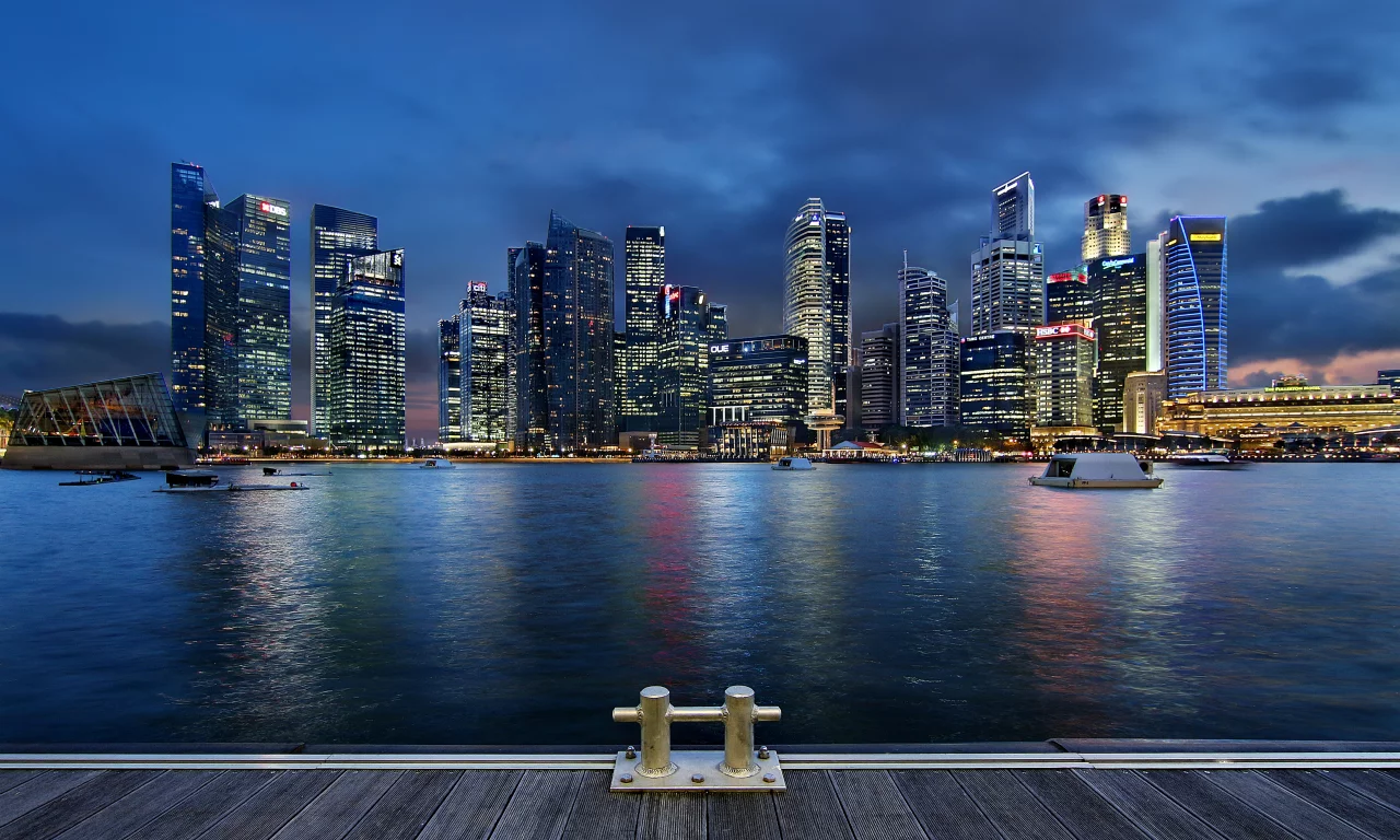skyscrapers, blue sky, night, architecture, clouds, gardens by the bay, singapore, lights
