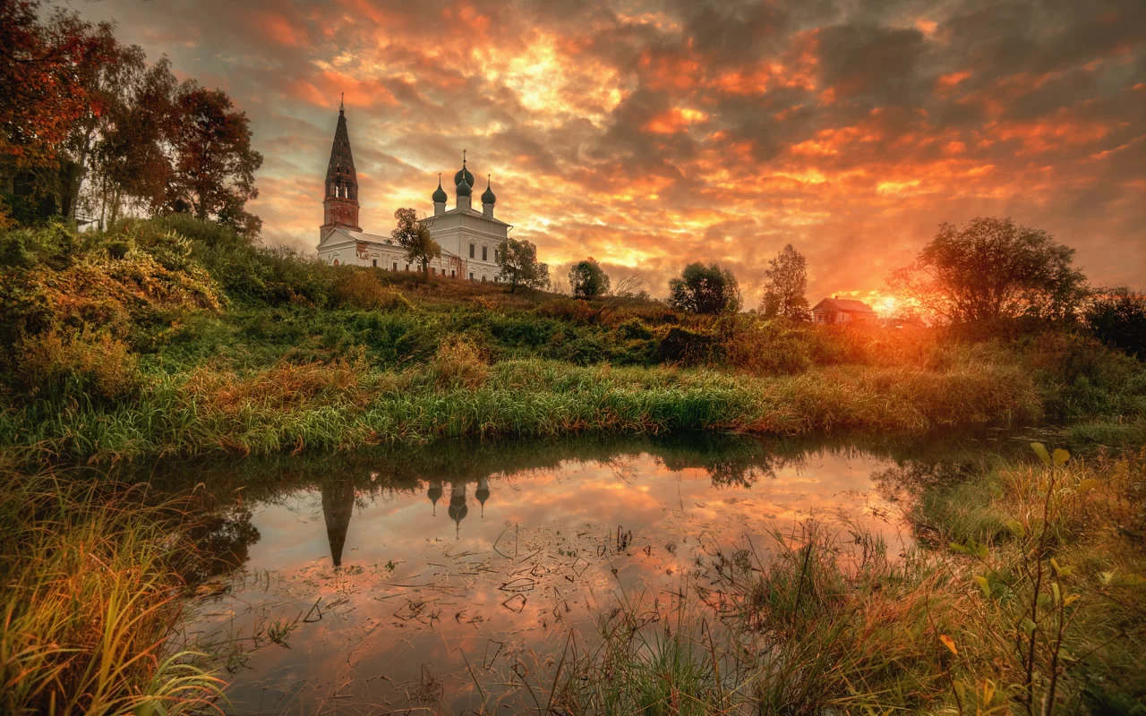 осень, сентябрь, восход, заря, церковь