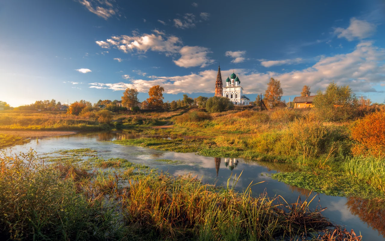 осень, сентябрь, небо, день, село, церковь