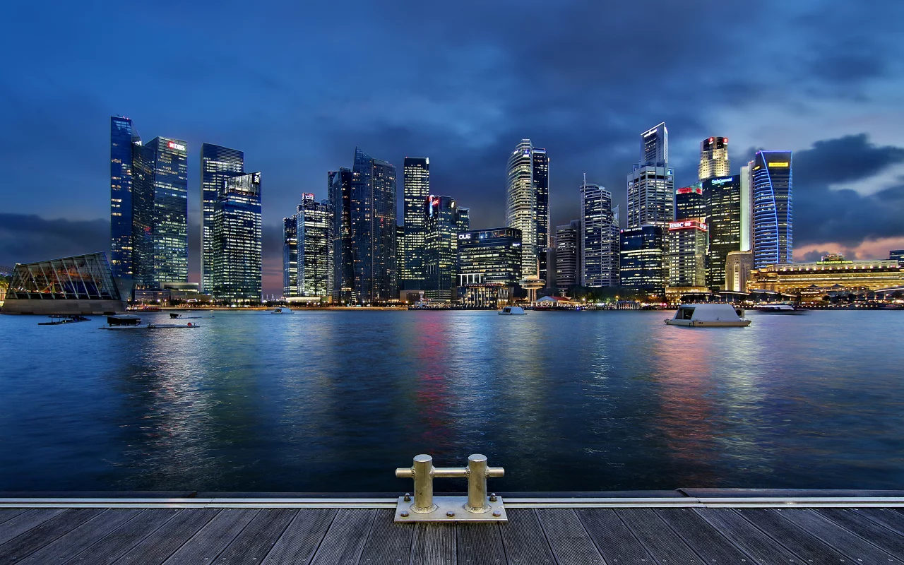skyscrapers, blue sky, night, architecture, clouds, gardens by the bay, singapore, lights