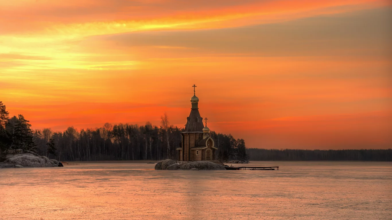 вуокса, храм, март, вечер, заря, закат