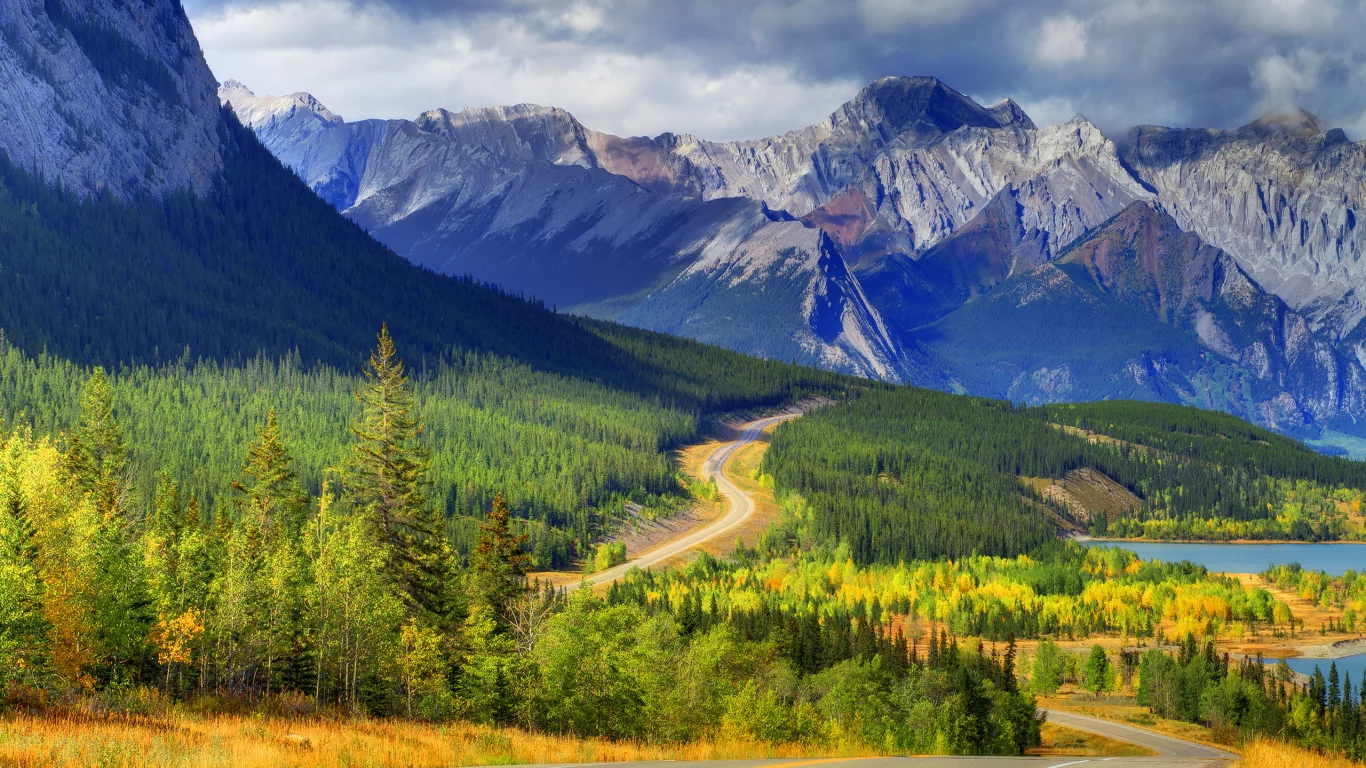alberta, banff, лес, горы, канада, abraham lake, озеро, небо, деревья
