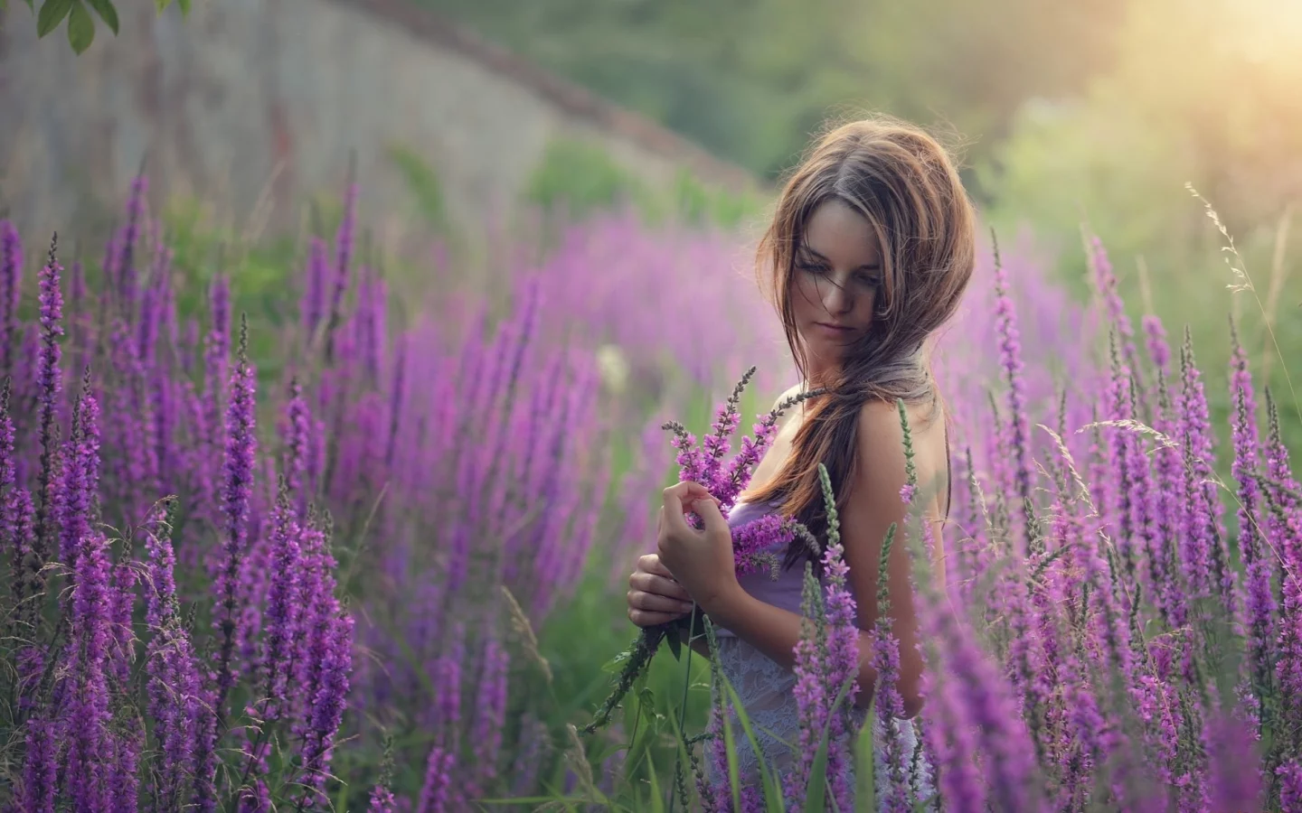 девушка, милая, цветы, природа