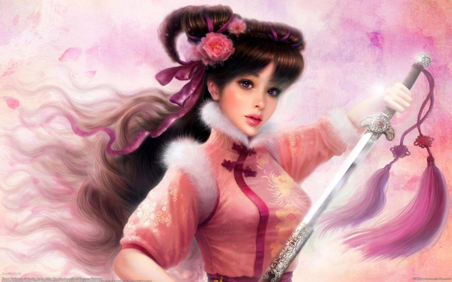 девушка, ruoxing zhang, арт, цветы, мех, кисти, меч