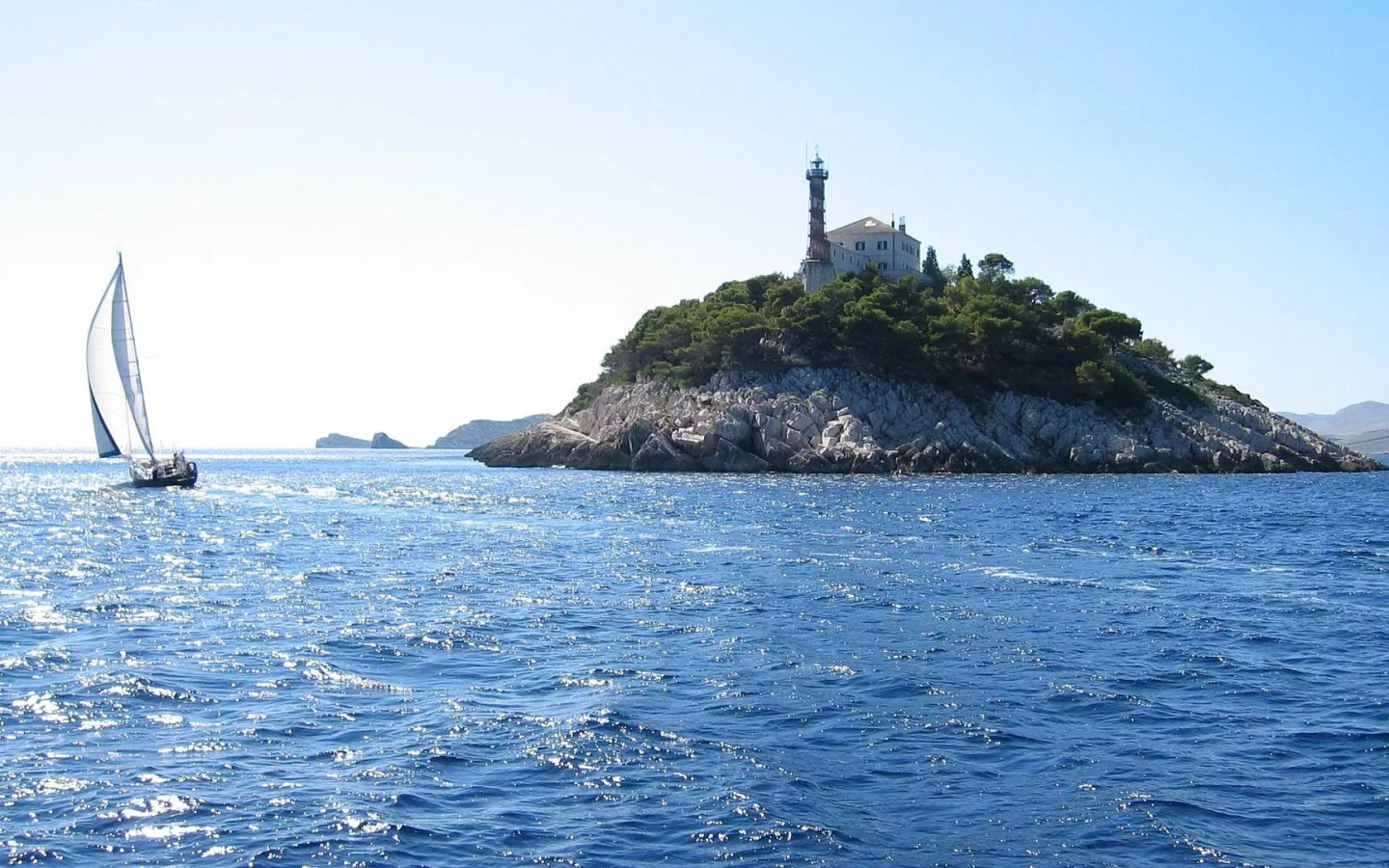пейзаж, остров, море, маяе, парус, корабль