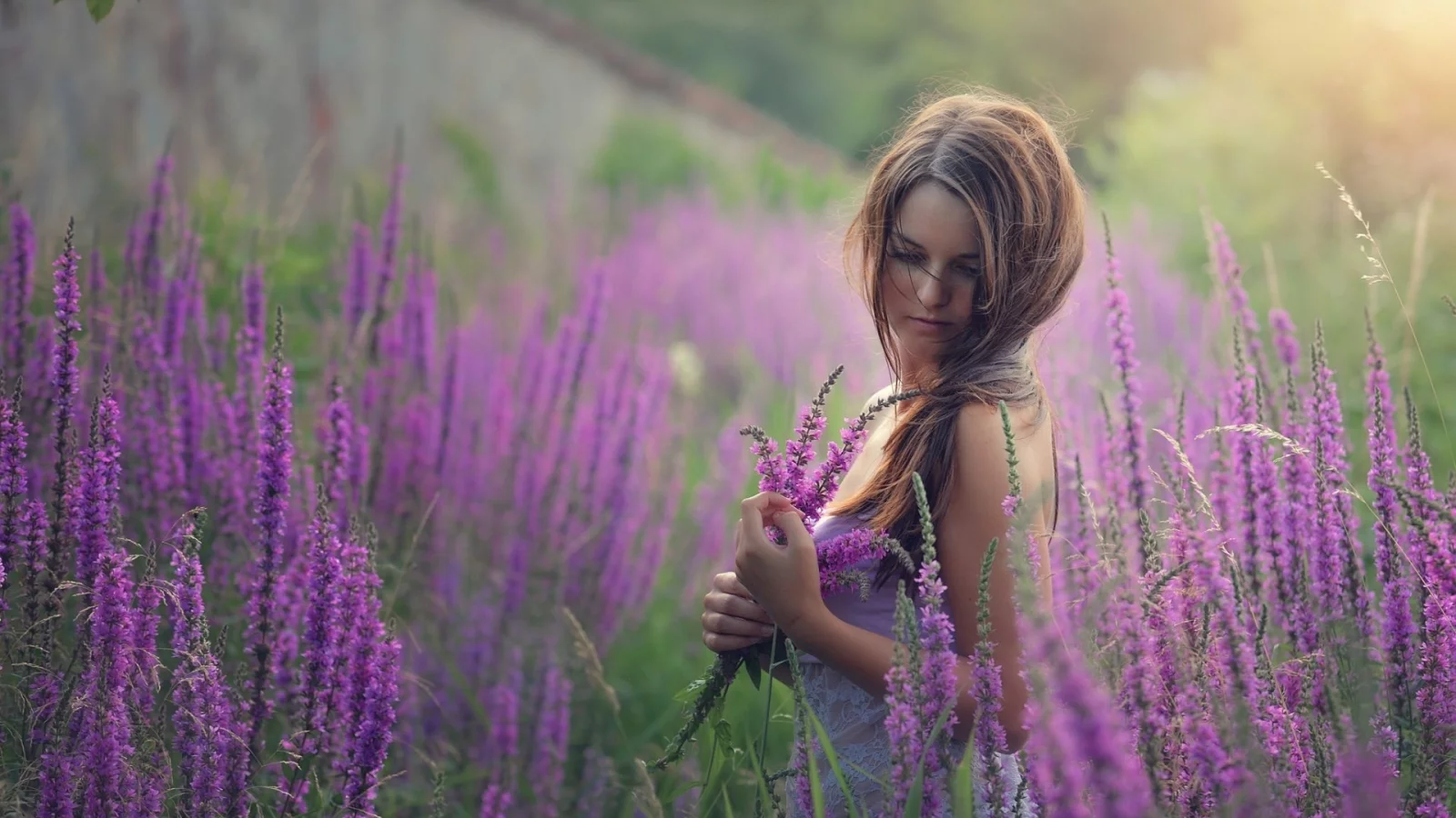 девушка, милая, цветы, природа