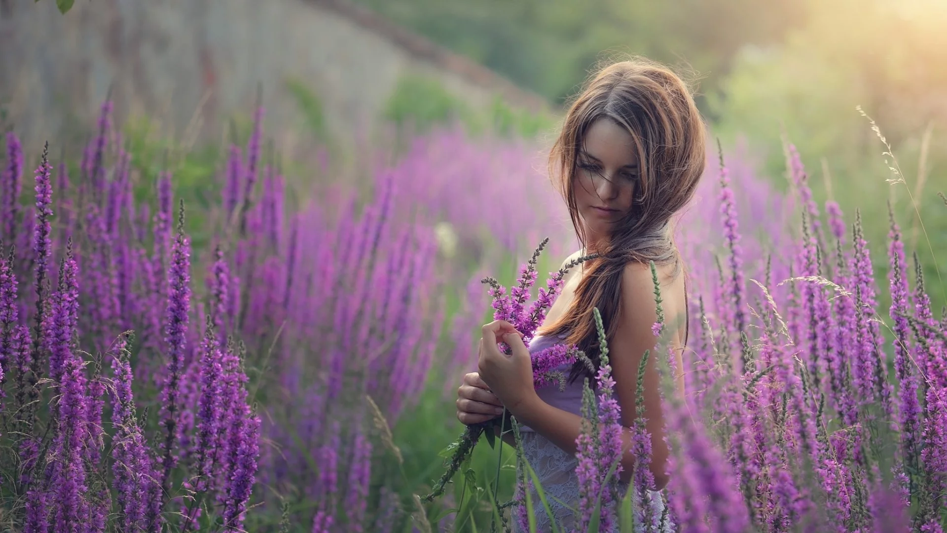 девушка, милая, цветы, природа