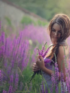 девушка, милая, цветы, природа