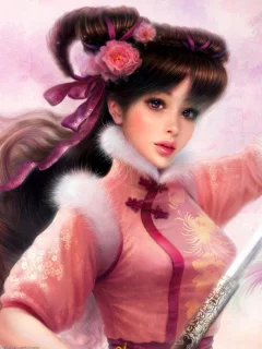 девушка, ruoxing zhang, арт, цветы, мех, кисти, меч