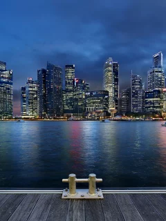 skyscrapers, blue sky, night, architecture, clouds, gardens by the bay, singapore, lights