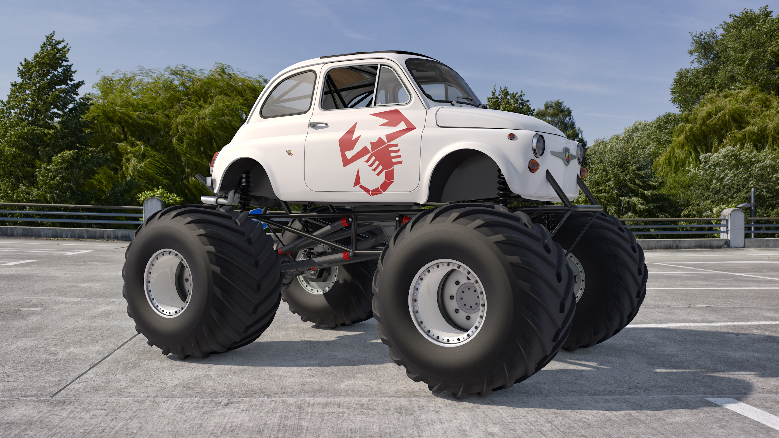 Картинка на рабочий стол Дорога, авто, Fiat abarth-large-wheels, BIG -FOOT,  большие колёса. 2560 x 1440