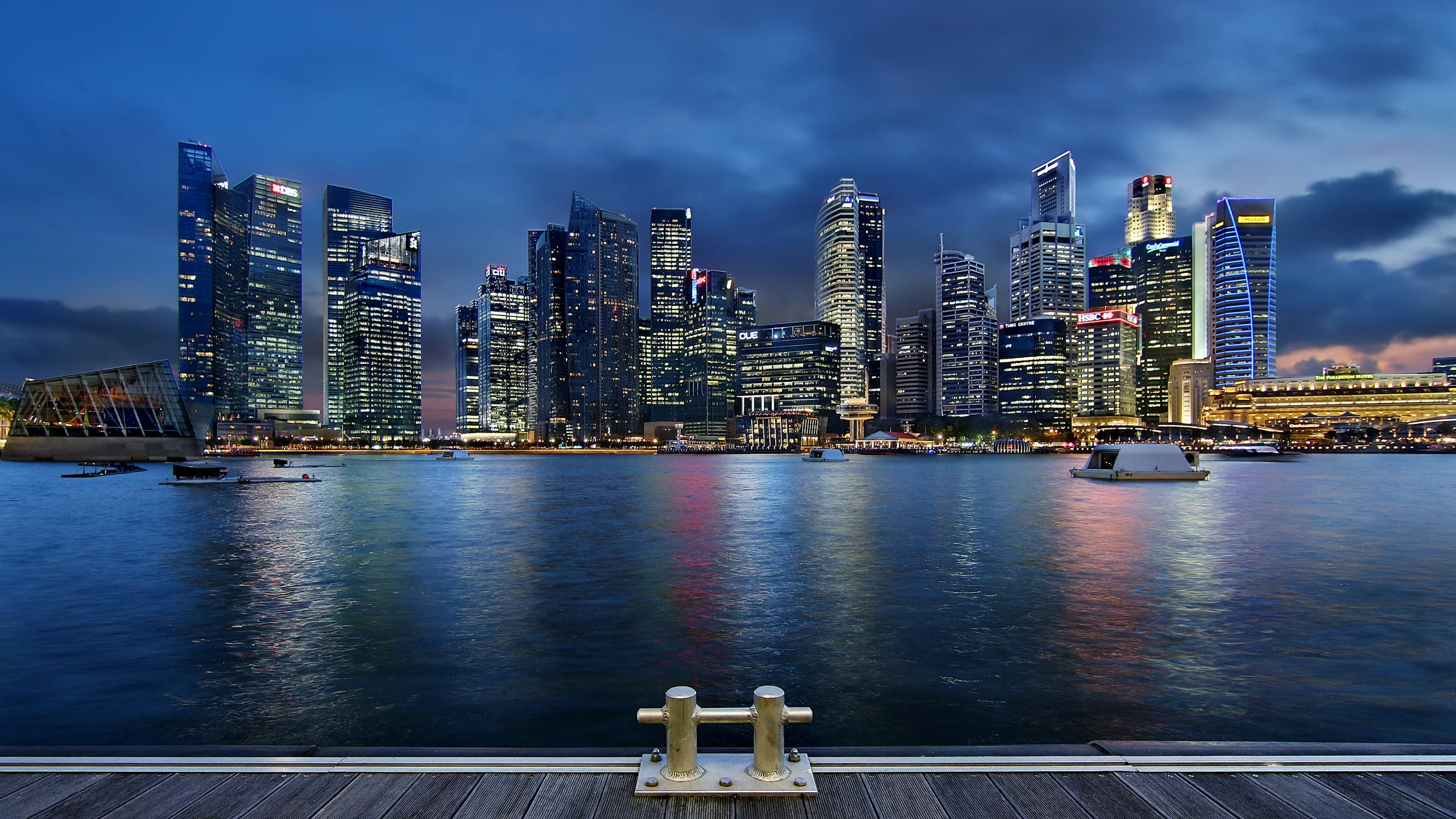 skyscrapers, blue sky, night, architecture, clouds, gardens by the bay, singapore, lights