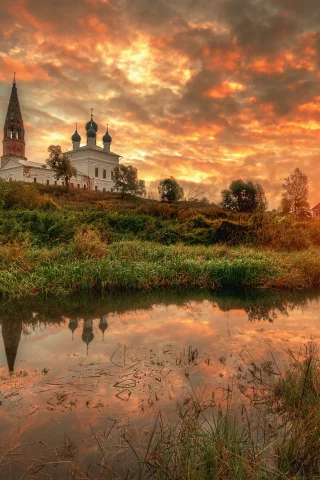 осень, сентябрь, восход, заря, церковь
