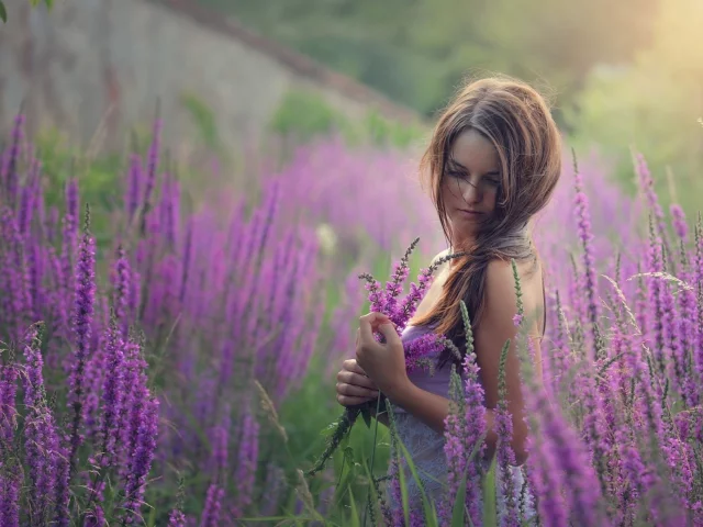девушка, милая, цветы, природа