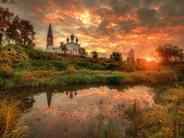 осень, сентябрь, восход, заря, церковь