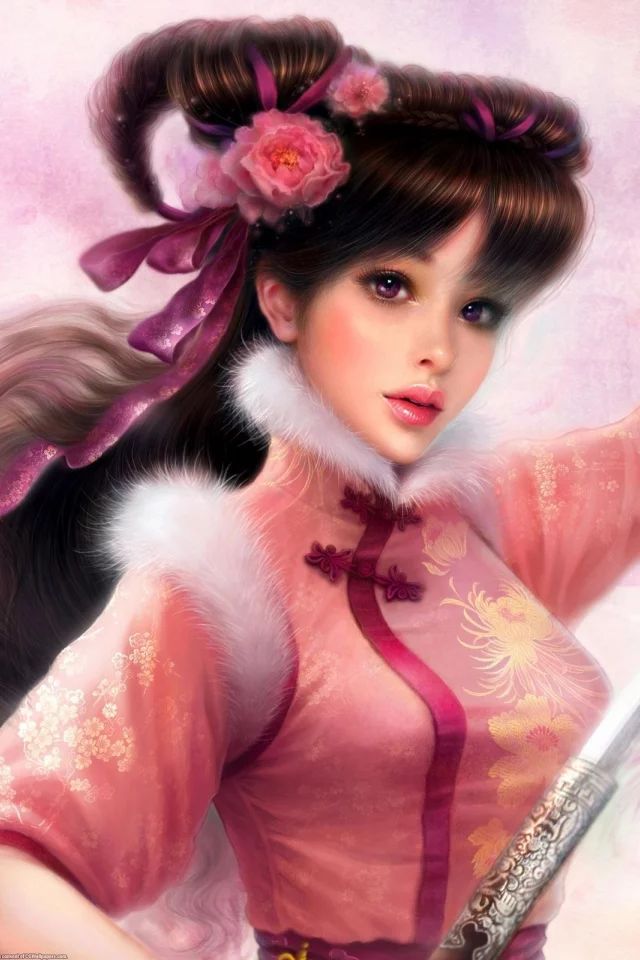 девушка, ruoxing zhang, арт, цветы, мех, кисти, меч