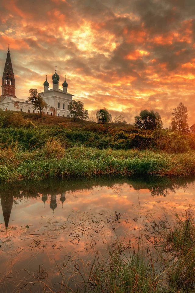осень, сентябрь, восход, заря, церковь