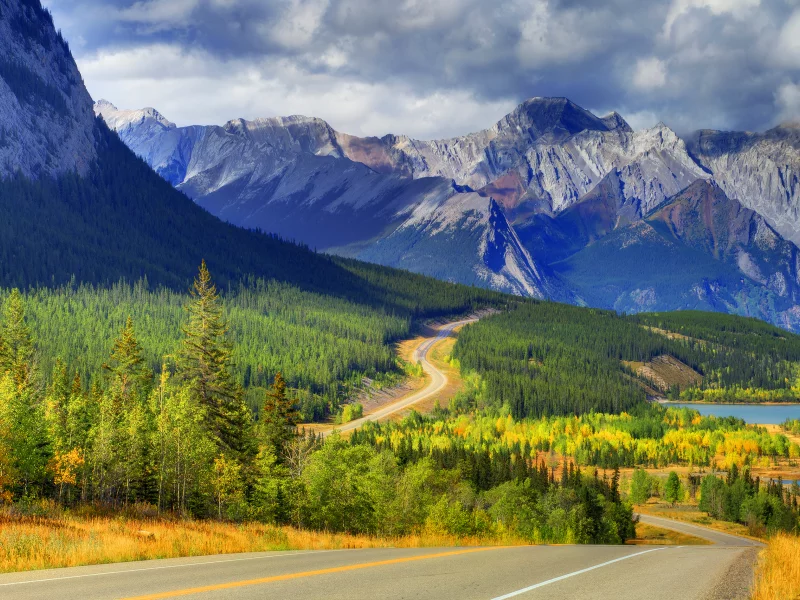 alberta, banff, лес, горы, канада, abraham lake, озеро, небо, деревья
