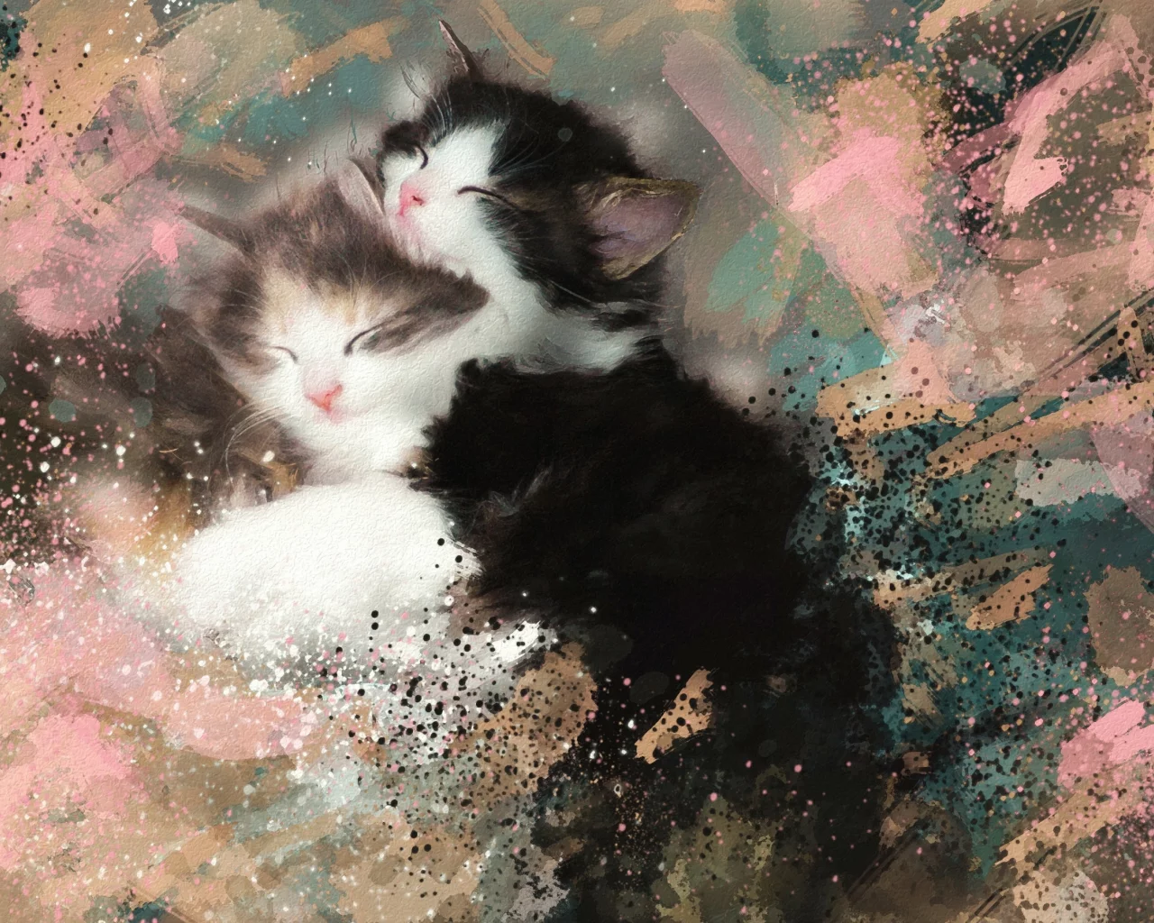 котята, спят, пушистые, черно-белые, картина, акварель, мазки