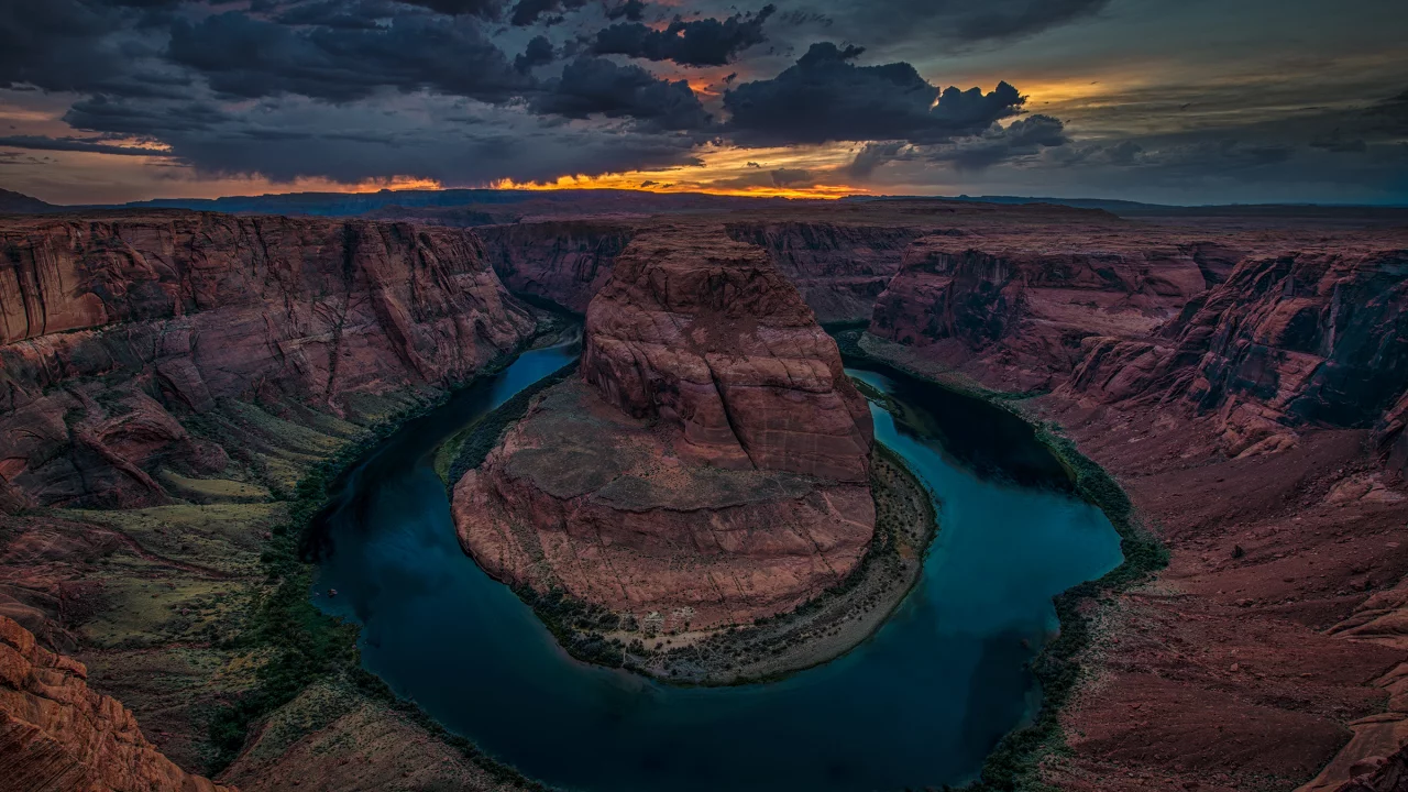 каньон, река, колорадо, horseshoe bend, grand canyon national park, тучи