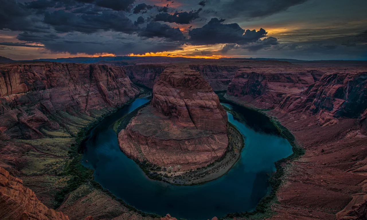 каньон, река, колорадо, horseshoe bend, grand canyon national park, тучи