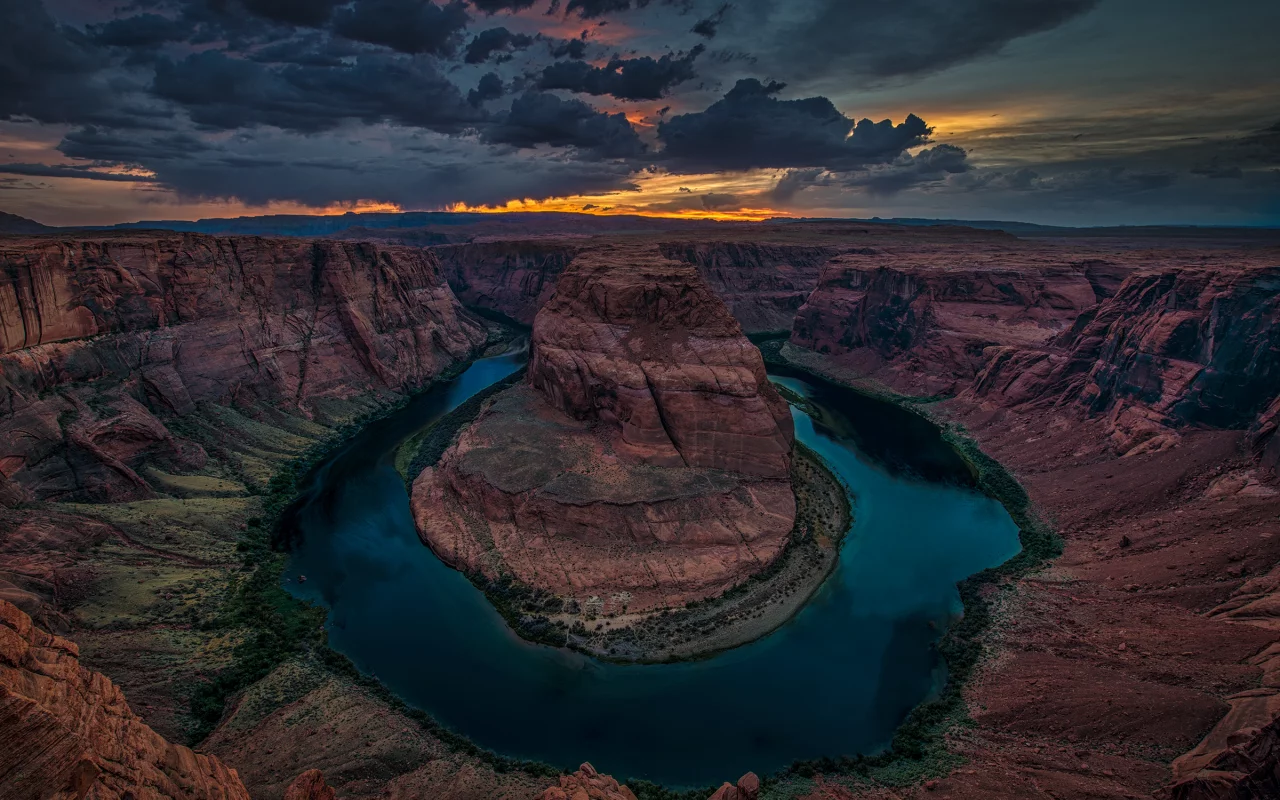 каньон, река, колорадо, horseshoe bend, grand canyon national park, тучи