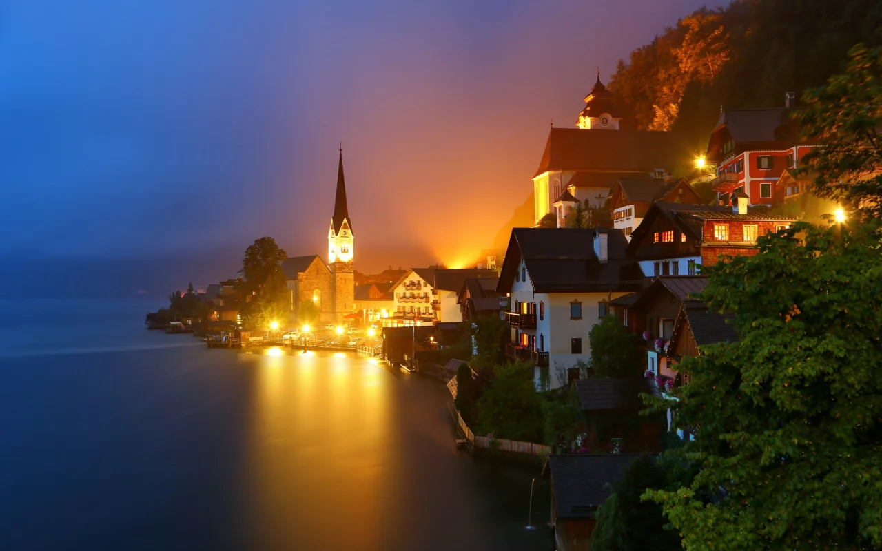 Hallstatt, Austria, Alps, Гальштат, Австрия, озеро, Альпы, горы, дома, ночь, огни