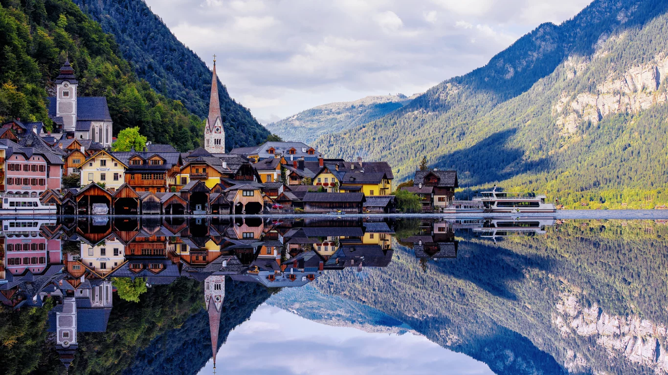 Hallstatt, Austria, Alps, Гальштат, Австрия, озеро, Альпы, горы, дома, леса, облака, отражение