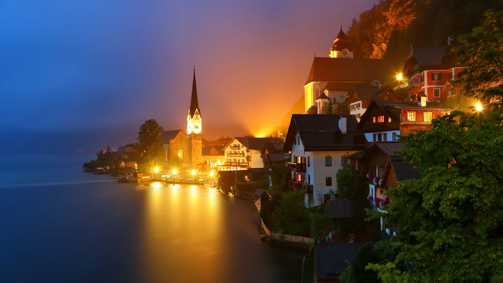 Hallstatt, Austria, Alps, Гальштат, Австрия, озеро, Альпы, горы, дома, ночь, огни
