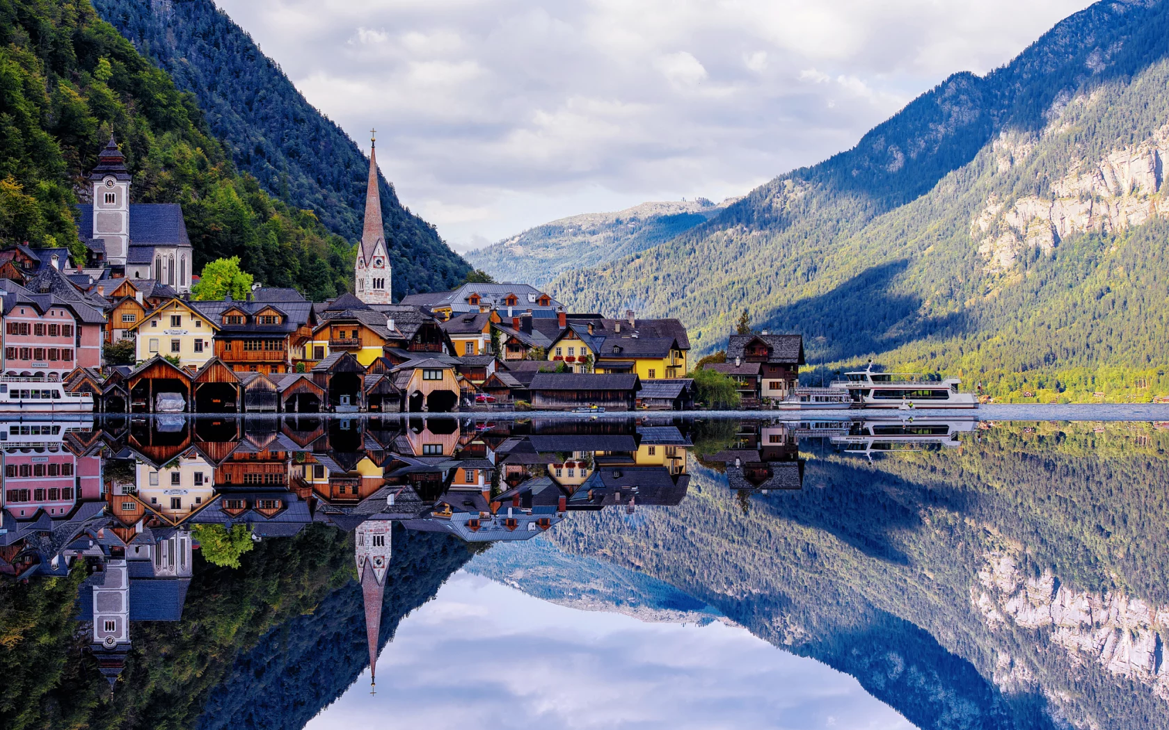 Hallstatt, Austria, Alps, Гальштат, Австрия, озеро, Альпы, горы, дома, леса, облака, отражение