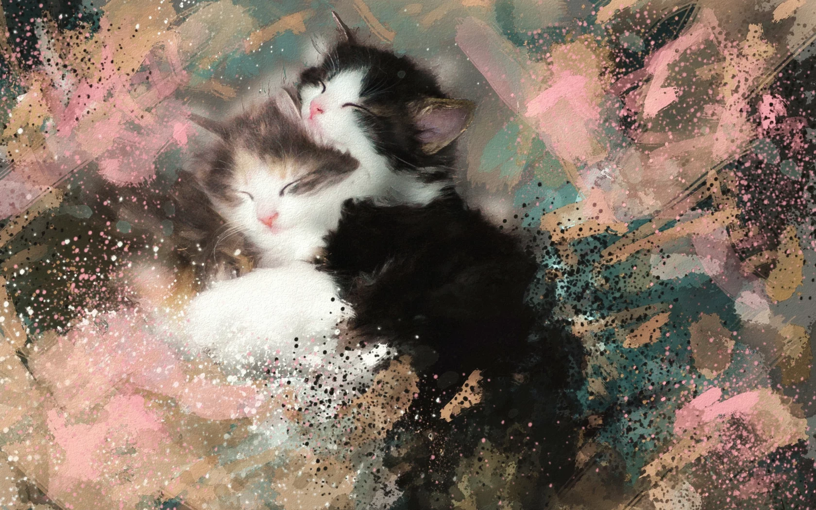 котята, спят, пушистые, черно-белые, картина, акварель, мазки
