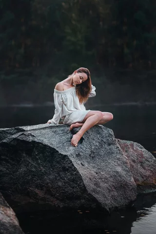 лес, озеро, камень, девушка, сидит, волосы, настроение